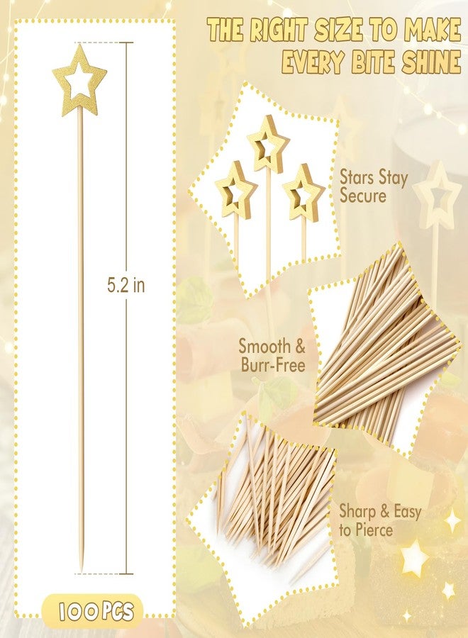 Vicuna R 100PCS Gold Star Cocktail Picks, Decorative Fancy Toothpicks for Appetizers, 5.2 Inch Long Bamboo Skewers, Wooden Garnish Sticks for Drinks Food Fruit Party Supplies Charcuterie Boards Accessories - Image 2